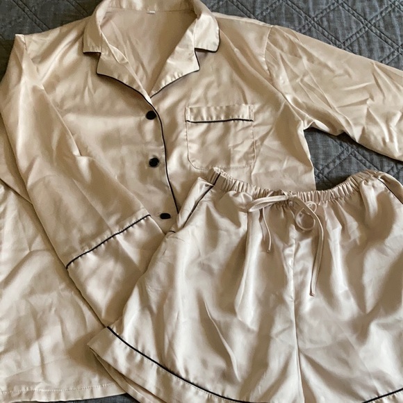 Silky Pajama Set - Champagne and Black - Picture 1 of 3